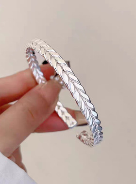 铜镀银仿古手镯麦穗开口编织手镯女生古风手镯国风实心白铜镯子