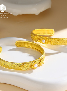 婚庆喜庆金镯子古法莲开福来手镯新中式花丝古典开口手镯女宫廷风