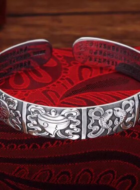 复古铜镀银手吉祥八宝手镯做旧黑色藏银手环苗银饰品手工原创手镯