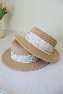 法式碎花绸缎草帽中式复古平顶礼帽夏季遮阳沙滩帽防晒大檐旅游帽