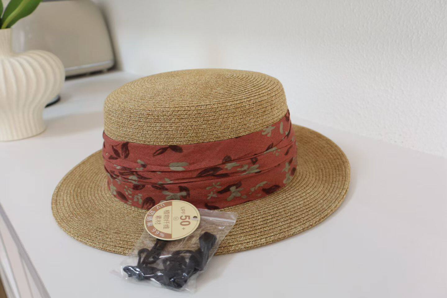 复古平顶草帽女夏季防晒大檐遮阳帽子沙滩度假帽蝴蝶结装饰时尚百