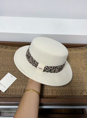 法式复古豹纹平顶礼帽女秋冬羊毛呢爵士帽显脸小百搭时尚新款帽子