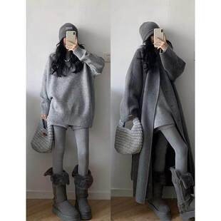 韩系高级感灰色套头浣熊绒毛衣女秋冬软糯慵懒风中长版针织衫上衣