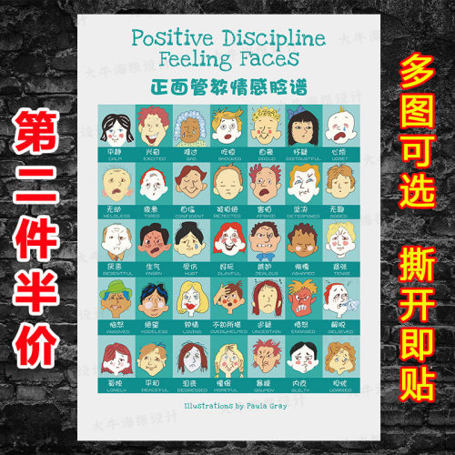 心理咨询室海报贴纸正面管教情感脸谱情绪感受轮层级宣传墙画挂图