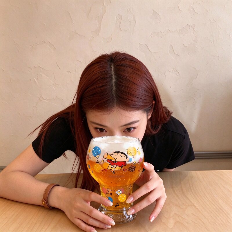 蜡笔小新玻璃水杯家用啤酒杯女生高颜值果汁杯子可爱牛奶杯咖啡杯