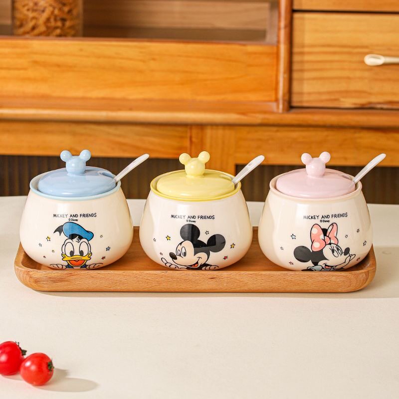 迪士尼米奇厨房放盐调料罐孜然鸡精烧烤防潮带勺陶瓷组合套装用品
