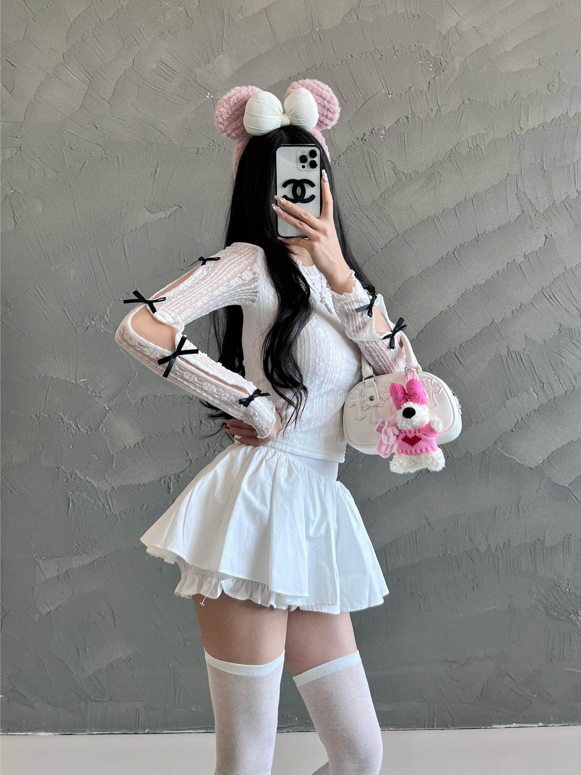 Y2860 Ballet Practice Room Two-Color Bow Tie Inner Layer White Design Pure and Sexy Hollow-Out T-Shirt
