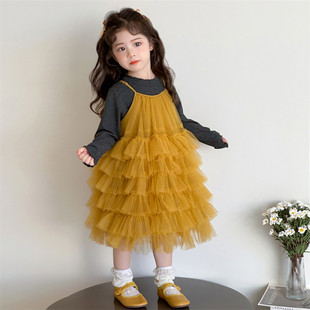 女童超仙公主连衣裙春夏款女宝宝长袖吊带蛋糕薄款网纱裙子两件套