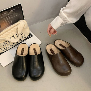韩版厚底加绒保暖半拖女鞋2025秋冬新款包头休闲外穿毛毛绒勃肯鞋