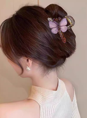 2026新款优雅紫色刺绣蝴蝶抓夹女后脑勺半扎发鲨鱼夹中号发夹头饰