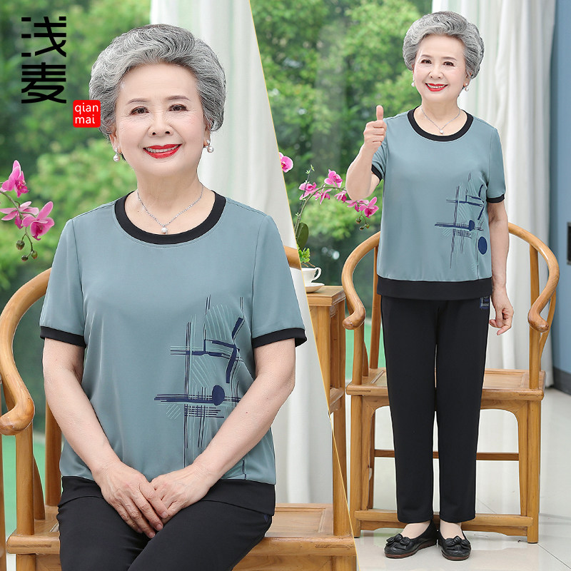 奶奶夏装短袖休闲运动套装中老年人女装老太太穿的T恤奶奶两件套