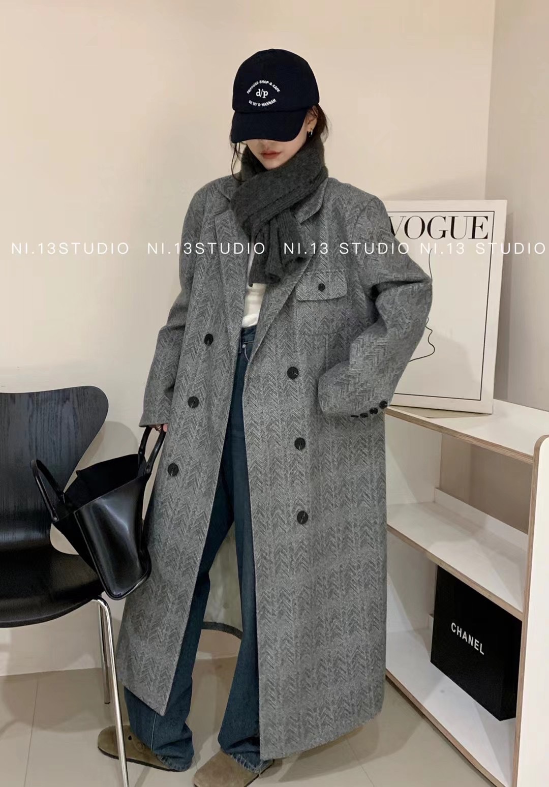 韩国冬季新款复古西装羊毛呢外套高级宽松羽绒胆长款人字纹大衣女