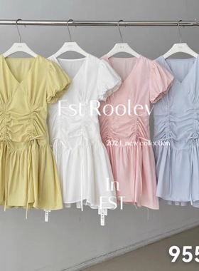 FST9559白色显瘦V领泡泡袖抽绳褶皱辣妹短款连衣裙女夏季度假泳装