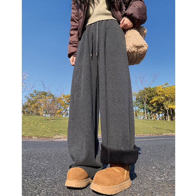 深灰色糯米绒弯刀裤女秋冬季新款高腰宽松显瘦加绒阔腿运动卫裤