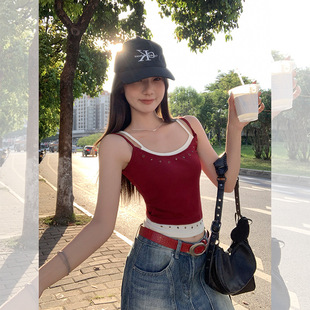 红色性感铆钉假两件吊带背心女夏季 独特漂亮上衣 2025新款 外穿修身