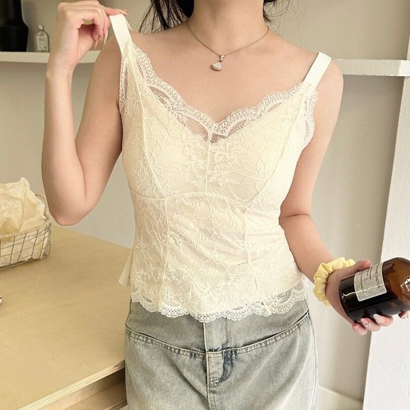 法式蕾丝性感大码吊带背心女春夏内穿美背固定杯外搭显瘦抹胸上衣
