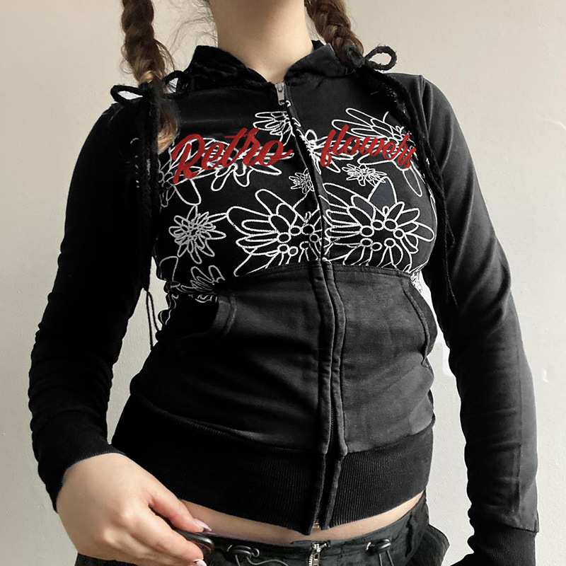 复古刺绣花纹连帽领拉链开衫外套个性亚文化辣妹女装秋季休闲上衣
