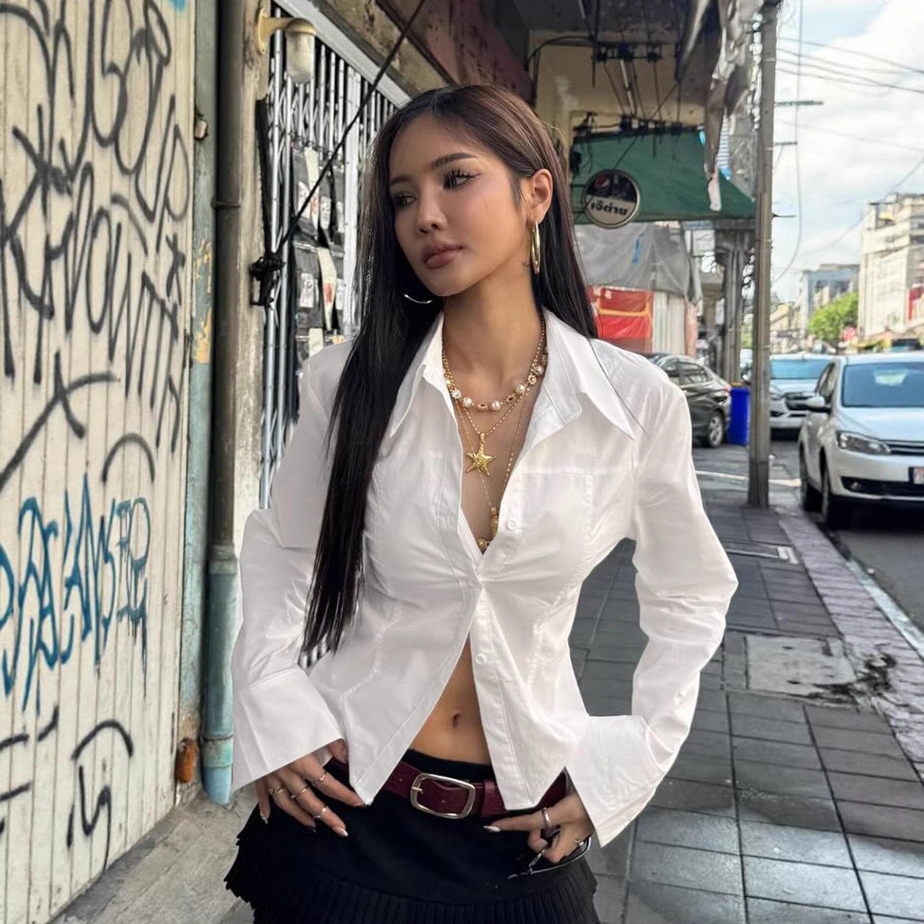 学院风分割显瘦纯色衬衫美式通勤单排扣修身长袖上衣后背系带衬衣