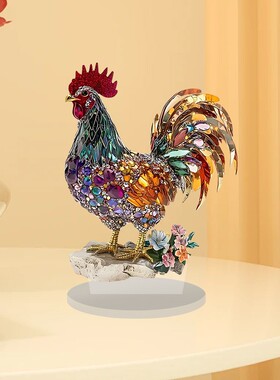 跨境创意五彩招财公鸡动物摆件2D平面亚克力家居办公桌面装饰摆件