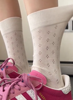 网眼缕空麦穗小花波浪纹袜子女中筒袜夏季薄款爱心堆堆袜配小皮鞋