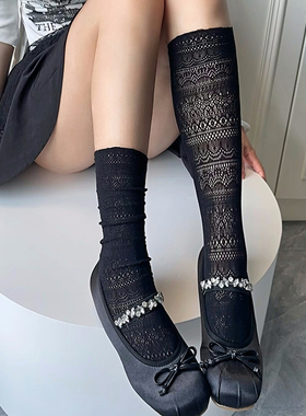 夏季薄款袜子女蕾丝编制网纱小腿堆堆袜纯色显瘦缕空两穿微透小众