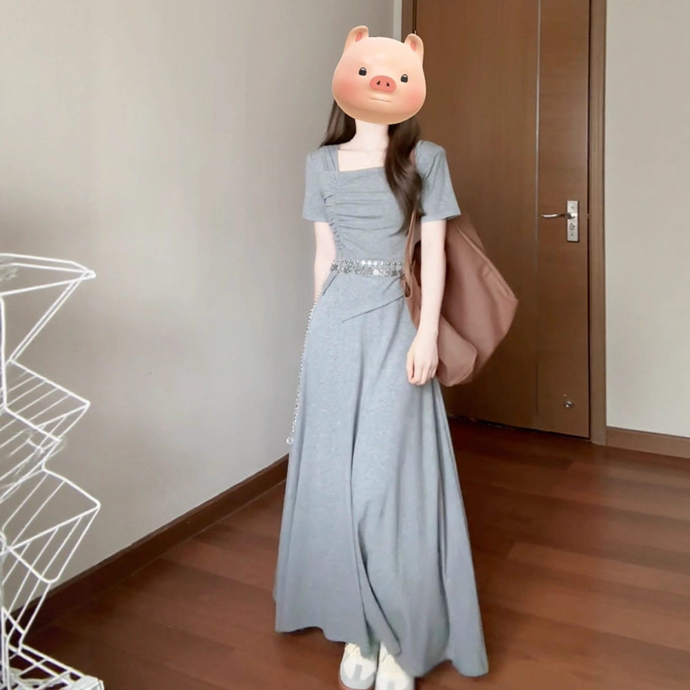 2026新款小个子慵懒风灰色连衣裙子女夏季法式感穿搭长裙套装潮流