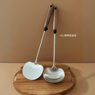 316不锈钢胡桃木蘑菇铲子锅铲小号家用炒勺铁铲炒菜的勺铁锅