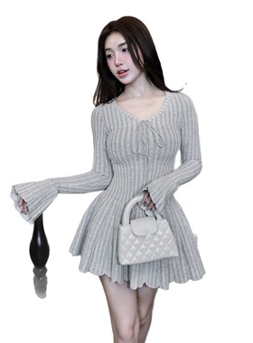 纯欲辣妹风荷叶边长袖系带纯色A字连衣裙纯色少女显瘦百搭短裙