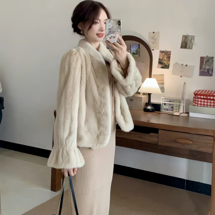 秋冬皮草短款外套女仿水貂高级毛毛上衣立领小香风时髦花苞袖女装