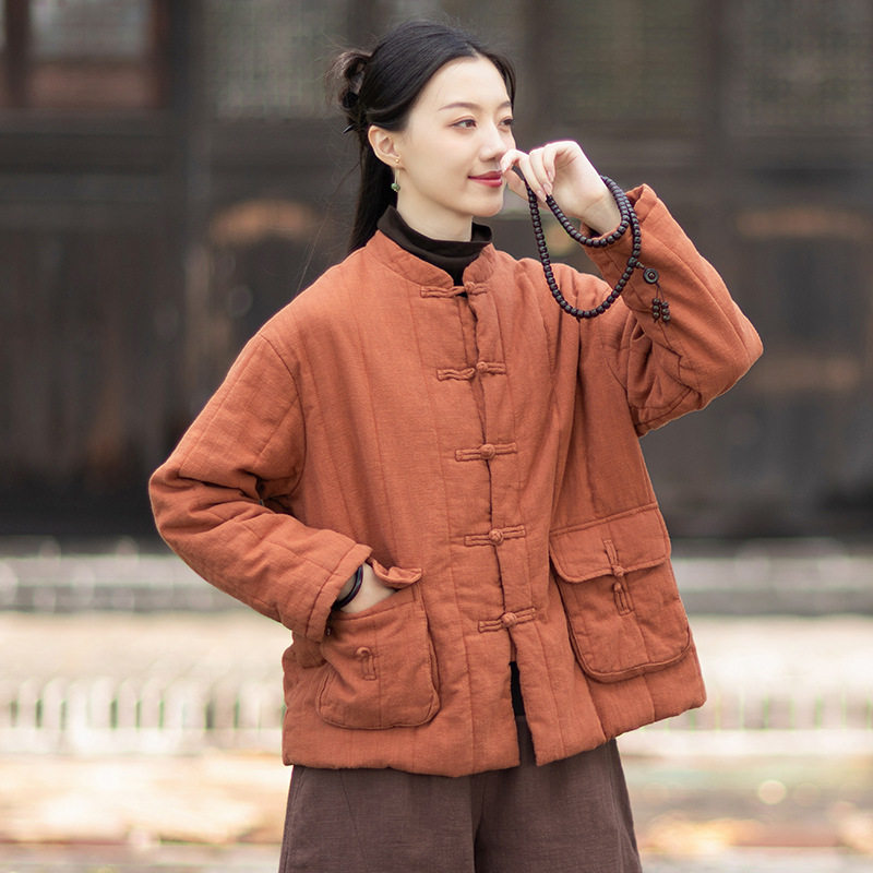 默念依旧原创苎麻立领夹棉女式棉衣复古绗缝竖格盘扣中式小棉袄