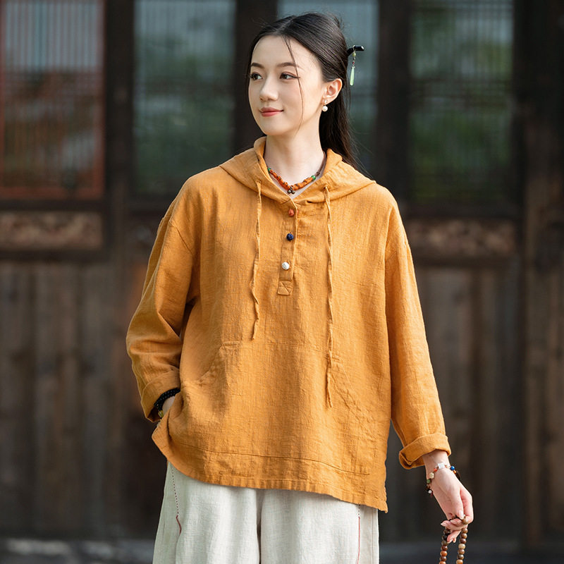 棉麻女装新款文艺复古长袖连帽套头卫衣宽松休闲砂洗亚麻上衣