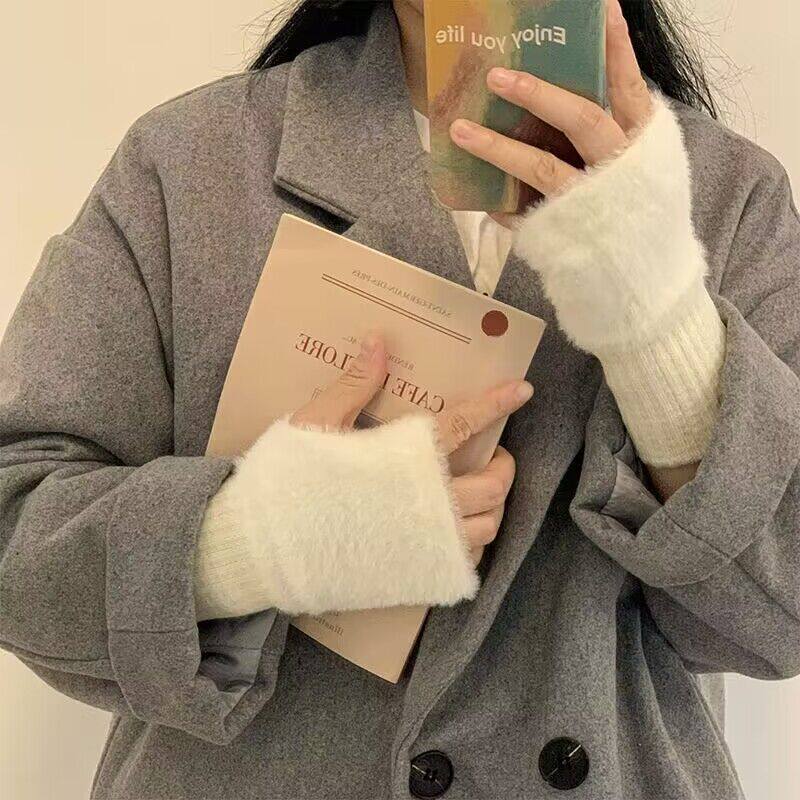 ins韩系加绒简约加绒毛绒半截半指手套新款保暖秋冬款手袜可触屏