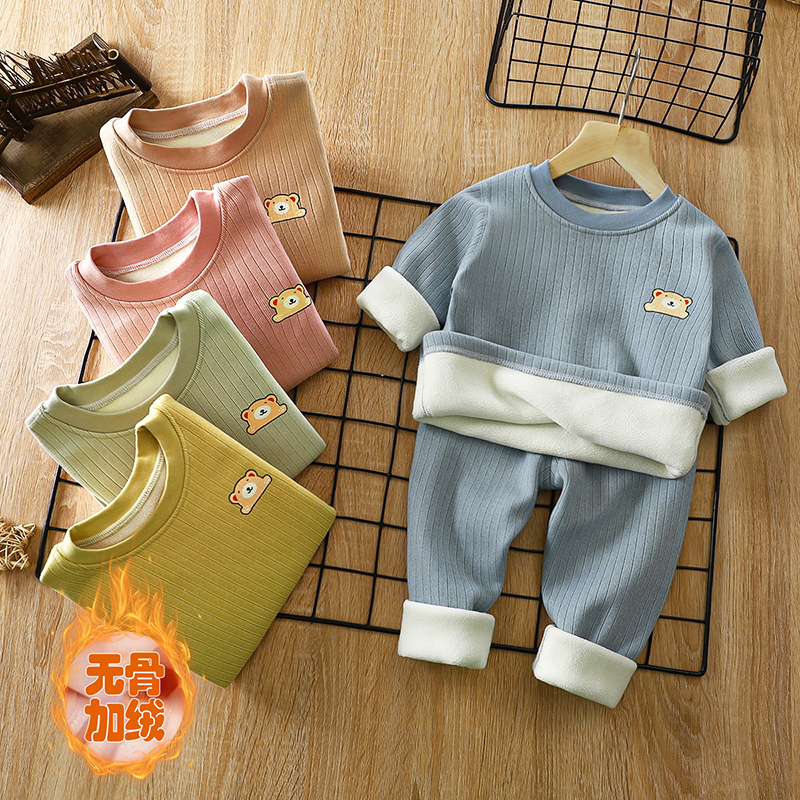 无骨缝男童女童加绒秋衣秋裤冬天