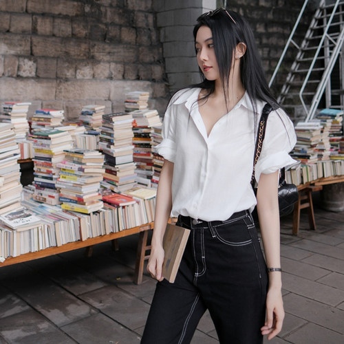 高品质亚麻短袖卷边休闲衬衣女