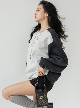 松弛感灰色拼色卫衣女圆领秋冬新款纯棉宽松慵懒休闲印花套头上衣