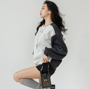 松弛感灰色拼色卫衣女圆领秋冬新款 纯棉宽松慵懒休闲印花套头上衣
