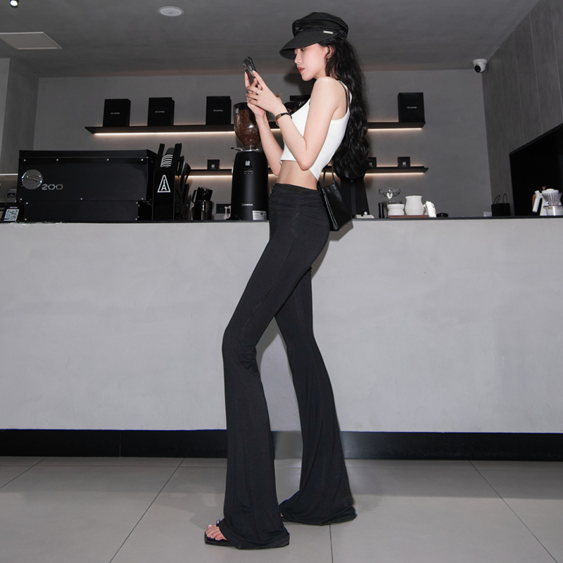 MOONA 夏季薄款喇叭裤女高腰显瘦收腹垂坠修身黑色微喇休闲拖地裤