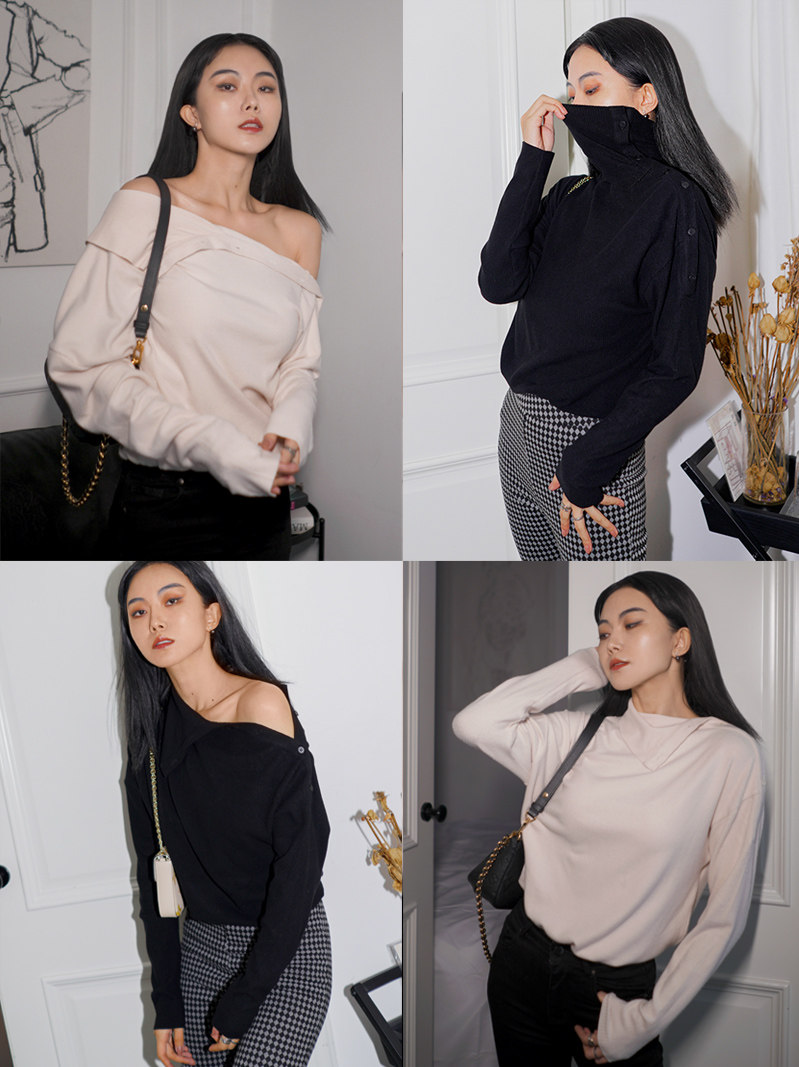 月影集 毛衣女秋季设计感小众高领翻领打底宽松内搭针织打底衫
