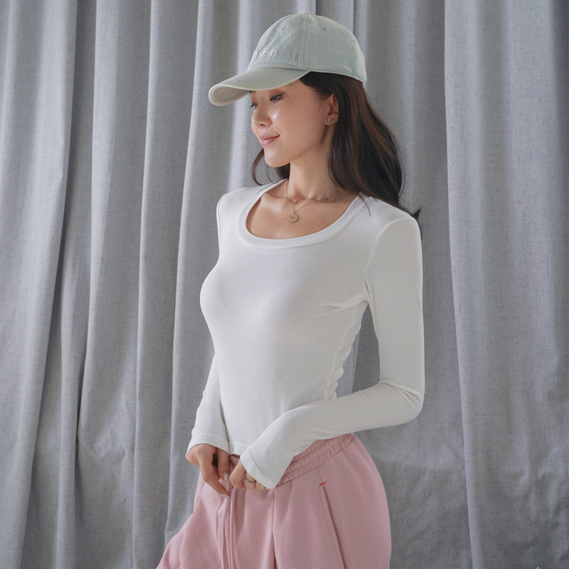 MOONA白色长袖t恤女春秋薄款纯棉高腰修身针织打底衫显瘦短款上衣