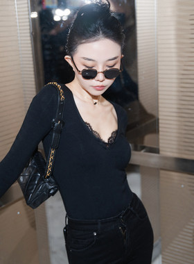 黑色性感蕾丝V领弹力打底针织衫