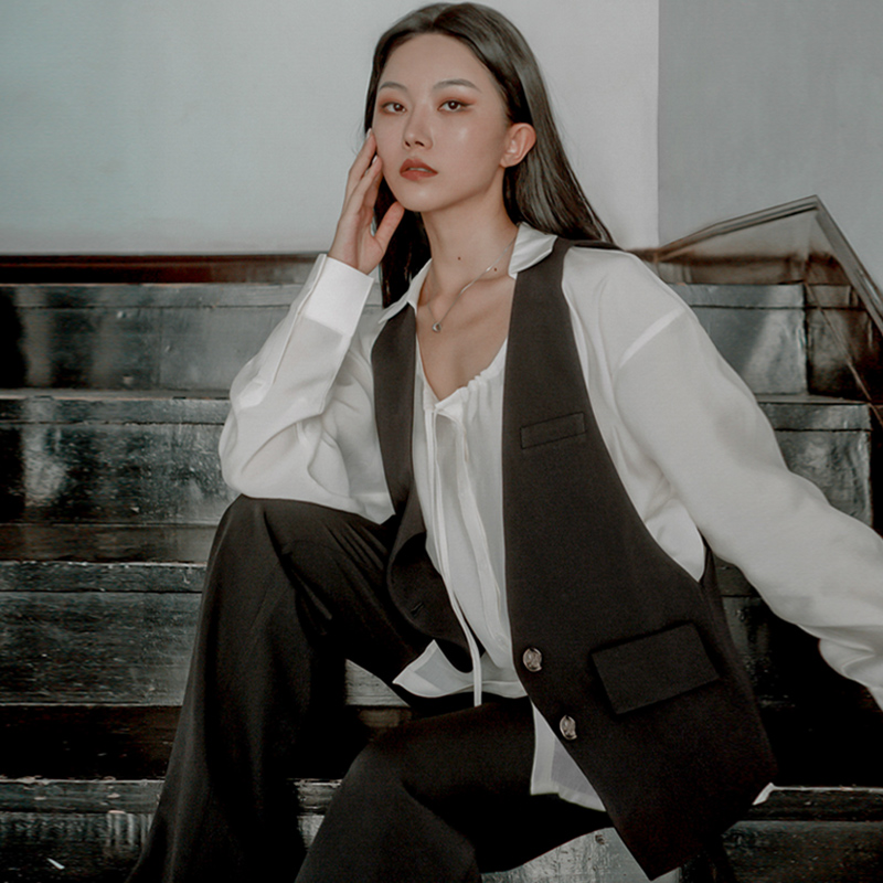 MOONA立体剪裁长马甲西装外套春季欧美风修身显瘦外穿背心女上衣
