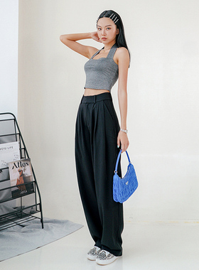 月影集阔腿裤女高腰垂感春秋新款黑色宽松显瘦休闲哈伦拖地西装裤