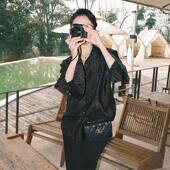 月影集 衬衫 水波暗纹黑色哑光缎面衬衣法式 优雅百搭宽松喇叭袖