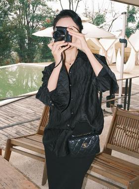 月影集 水波暗纹黑色哑光缎面衬衣法式优雅百搭宽松喇叭袖衬衫