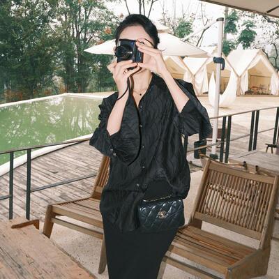 长袖缎面衬衫暗纹法式宽松