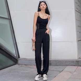 女高腰垂感春季 裤 新款 显瘦休闲西装 雪纺宽松直筒薄款 黑色阔腿裤