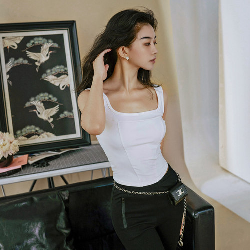 欧美方领修身背心修身性感