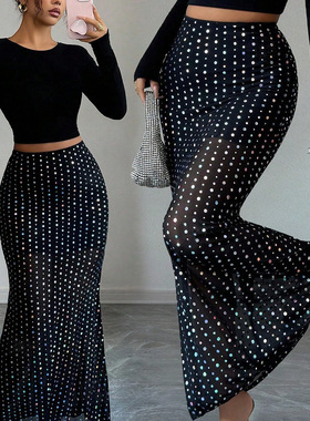 Women Sequin Skirts High Waisted Bodycon Sparkly Long Skirt
