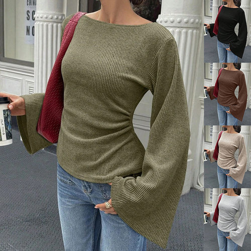Women Bell Long Sleeve Tops Crewneck Ribbed Knit Shirts