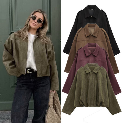 Women Faux Suede Bomber Jacket Long Sleeve Cropped Coat